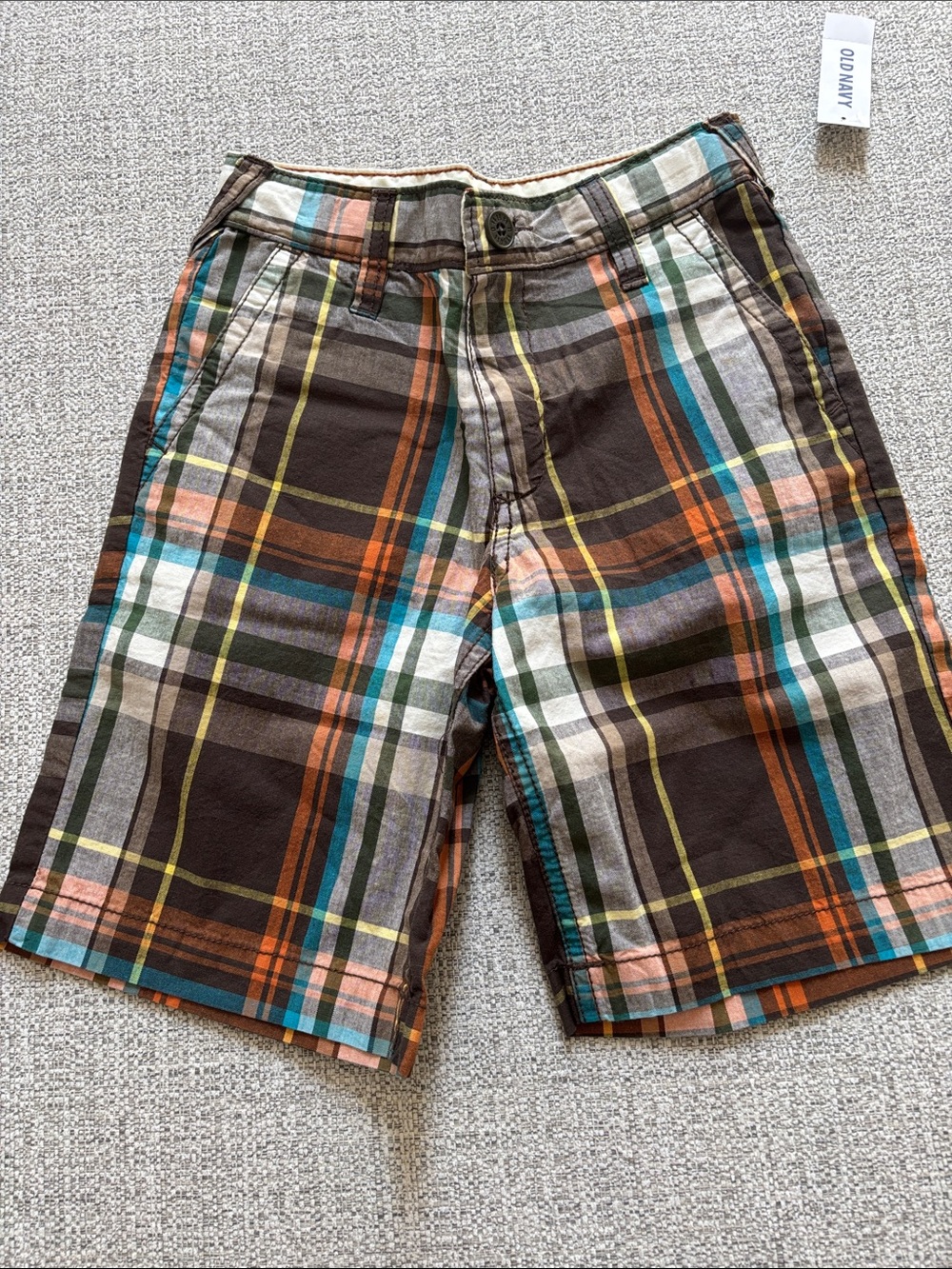 Old Navy Brown Plaid Shorts with Teal & Orange Stripes